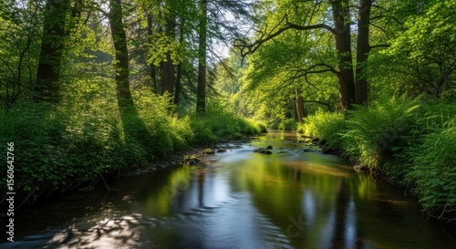Sunlit Forest Stream with Lush Greenery and Reflections