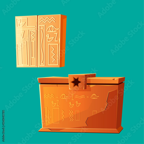 Ancient Egyptian Artifacts: A collection of ancient Egyptian artifacts, including a carved stone tablet and a chest with hieroglyphs, evoking a sense of history and mystery.