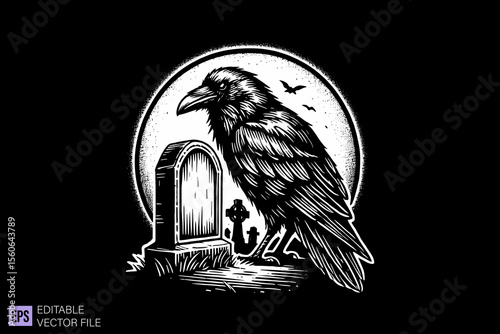raven in graveyard dark art scary creepy illustration engraving style tattoo vector black and white background templates