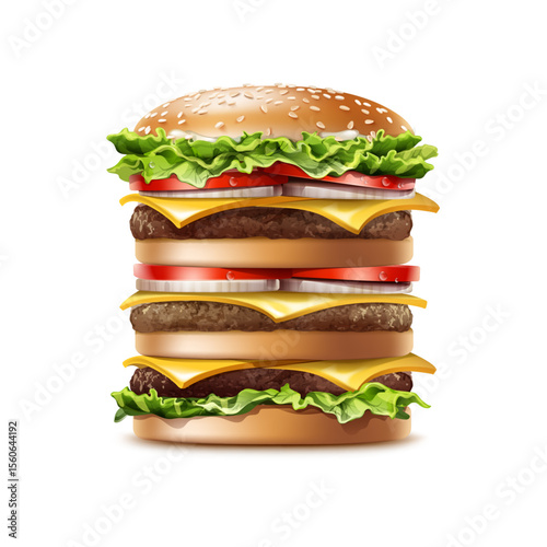 Towering Burger: A mouthwatering, photorealistic burger masterpiece, meticulously crafted with fresh ingredients, tantalizing the senses and ideal for culinary projects. 