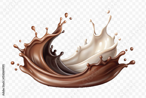 realistic 3d smooth liquid chocolate and milk splashes in different style isolated on transparent background	
