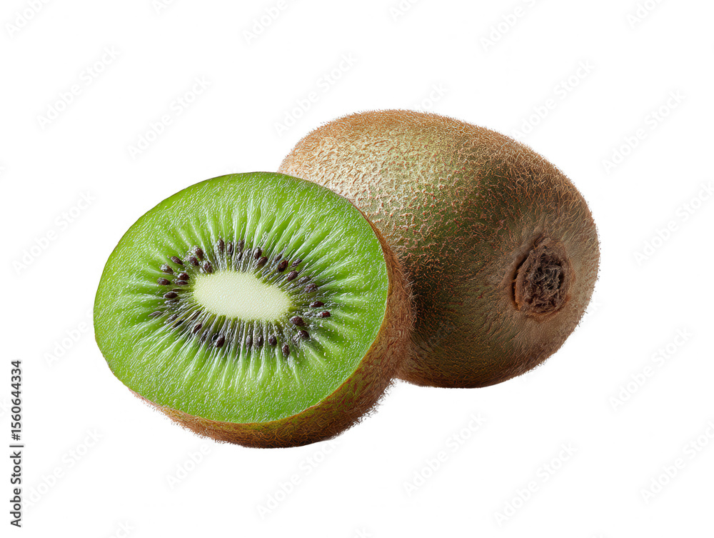 Obraz premium Fresh Kiwi Fruit: Whole and Halved on White Background