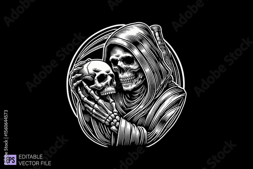 Grim reaper dark art scary creepy illustration engraving style tattoo vector black and white background templates