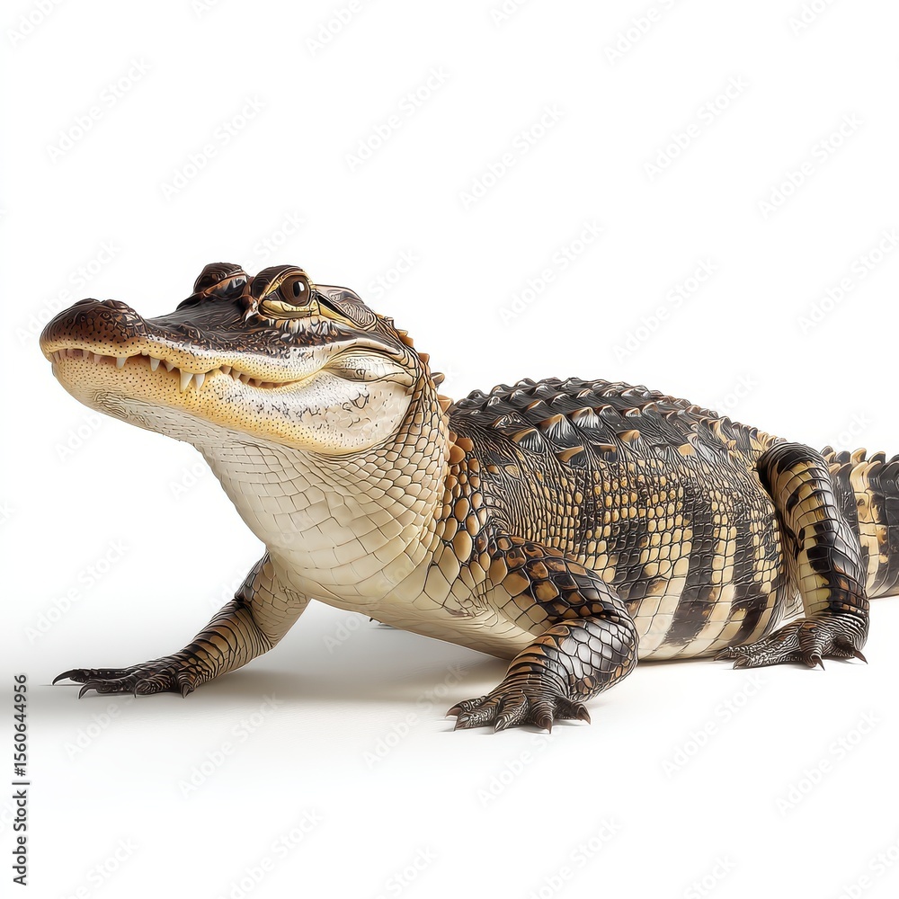 Fototapeta premium A detailed close up of a young alligator with its mouth slightly open showing sharp teeth isolated on white background