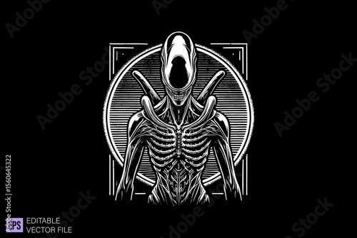 Alien dark art scary creepy illustration engraving style tattoo vector black and white background templates
