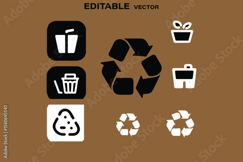 Collection of editable vector icons representing recycling waste disposal and environmental care on a brown background