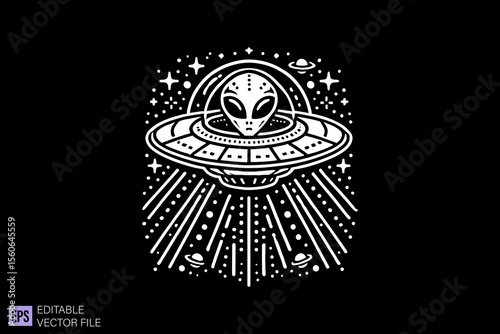 Alien dark art scary creepy illustration engraving style tattoo vector black and white background templates
