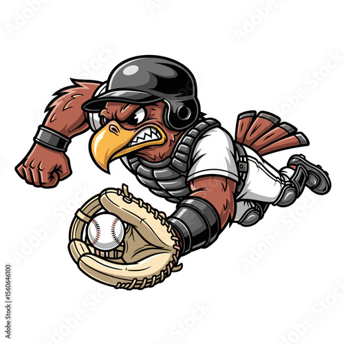Aggressive Brown Bird Baseball Catcher Cartoon Mascot Illustration
