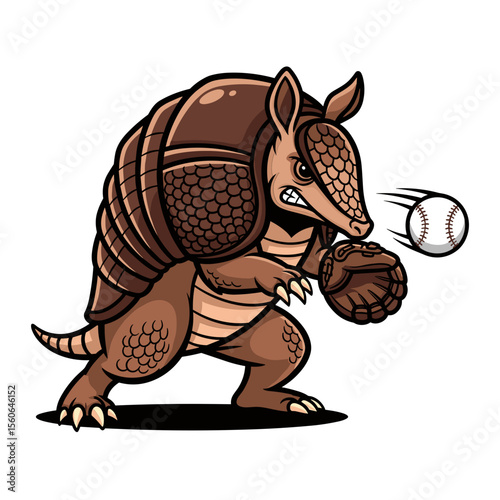 Brown Armadillo Cartoon Character Playing Baseball on White Background