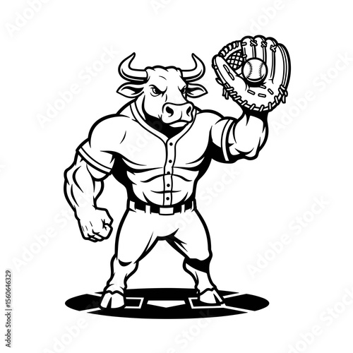 Muscular Bull Baseball Player in Black and White Illustration