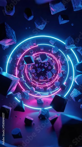 Neon glowing circular pattern with floating geometric shapes