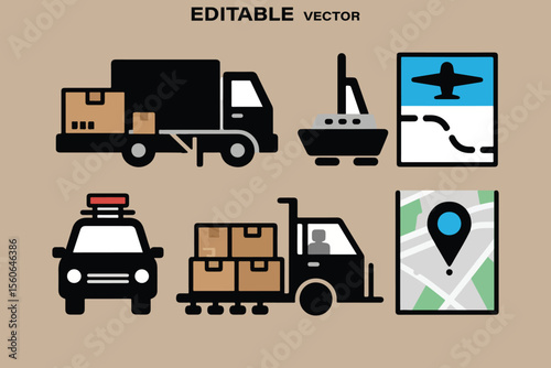Collection of stylized vector icons representing logistics delivery and transportation services including trucks a boat and maps