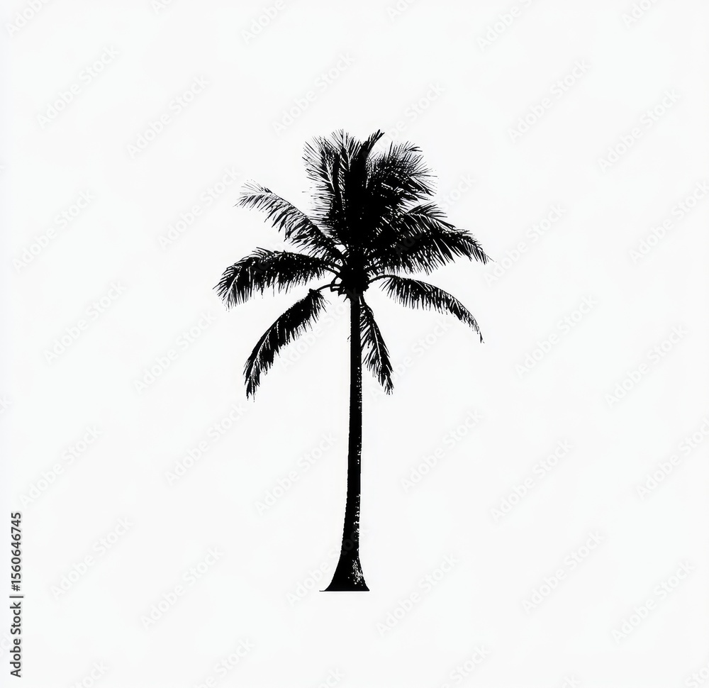 Obraz premium Silhouetted palm tree against a plain white background. Dark silhouette of a single palm tree with a tall, slender trunk and full, broad fronds, standing upright. Simple, clean design