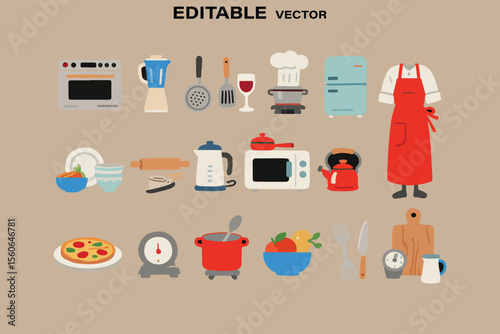 Collection of flat design kitchen appliances and cooking utensils for a culinary theme