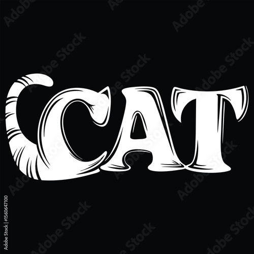 Creative white cat text design with tail integrating into the lettering on black background.