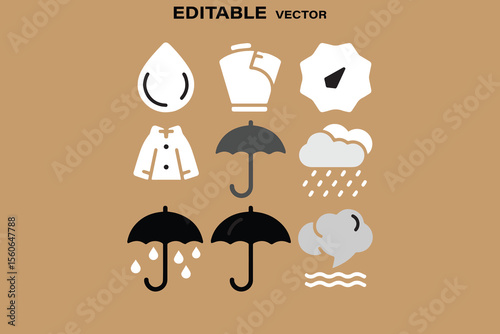Collection of weather icons including rain drops umbrellas clouds and a raincoat on a brown background