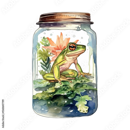 Green frog in a transparent glass jar isolated on a white background