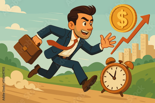 Ambitious entrepreneur running in a race against time. Businessman with briefcase chasing financial success. Time is money concept with clock, dollar coin, and growth arrow. Vector.