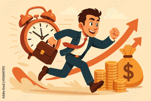 Businessman racing against time to achieve financial success. Ambitious entrepreneur with clock and money illustrates deadline, profit, investment, and business growth. Vector concept.
