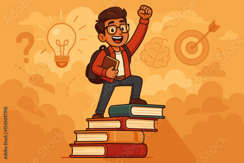 Ambitious student on book staircase, a metaphor for education and success. Cartoon boy conquering challenges. Concept for knowledge, learning, ambition, goal achievement, career growth.