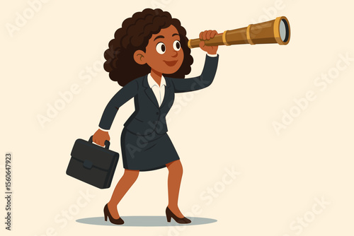 Ambitious Black businesswoman looks through a spyglass, searching for new career opportunities. Business vision, leadership, forecasting, and future success concept for professionals.