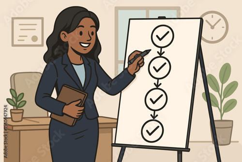 Ambitious professional woman outlining a business strategy on a flip chart. Concept of SMART goals, project success, task management, checklist, and career development.