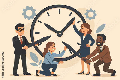 Time management concept with diverse business team moving clock hands together. Corporate collaboration, teamwork for productivity, efficiency, and meeting project deadlines. Vector illustration.