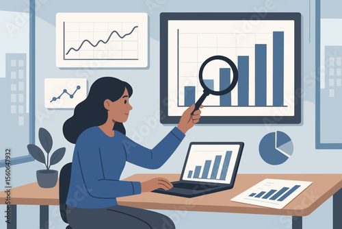 Businessman or analyst character working in office. Man analyzing data with laptop, charts and graphs. Financial report, business analytics, statistics, data visualization concept.
