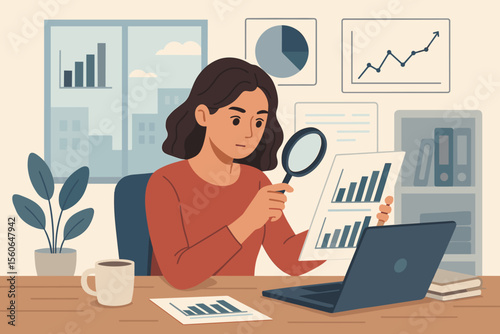 Businesswoman analyzing financial data with a magnifying glass. Female analyst at an office desk studying charts and graphs for market research and business strategy. Modern flat vector illustration.