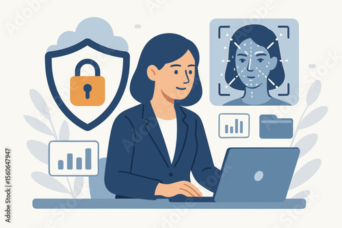 Business data protection concept. Cybersecurity technology with biometric security and face recognition. Woman at laptop getting online access. Identity verification and authentication.