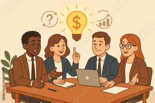 Diverse business people brainstorming new financial ideas in a meeting. Teamwork and collaboration concept for startup investment, profit and growth. Cartoon vector illustration.