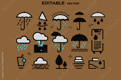 Collection of weather related icons including umbrellas clouds rain and water drops on a brown background
