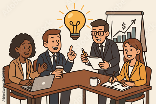 Business team brainstorming in a meeting. Diverse colleagues collaborating on a financial strategy. Lightbulb idea for innovation and growth. Office teamwork concept. Vector cartoon.