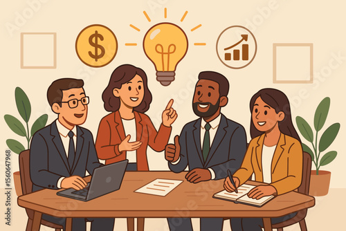 Business team brainstorming new financial ideas in a corporate meeting. Diverse colleagues collaborating on startup strategy for investment and growth. Vector concept with lightbulb icon.