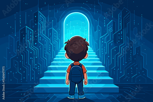 Child student with backpack facing a glowing digital portal at the top of stairs. Concept of future education, technology, STEM, coding, learning journey, and new opportunities.