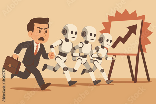 Human vs AI robot business competition. Worried businessman runs a race against machines for career success. Concept of automation, job replacement, future of work. Vector.