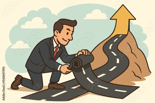 Businessman paving the road to success. Career path metaphor. Man in suit unrolls a highway up a mountain to an arrow peak. Strategic planning, ambition and determination.