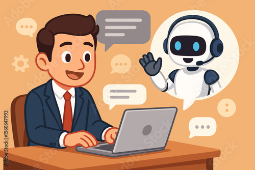 AI chatbot concept with businessman chatting with robot. Man at laptop using virtual assistant for online customer service. Future technology, technical support bot. Vector cartoon.