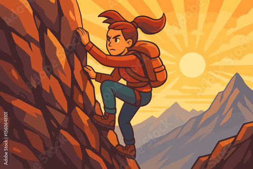 Determined female climber ascending challenging rocky mountain. Woman conquering cliff at sunrise. Concept of perseverance, success, ambition, and reaching goals. Outdoor sport.