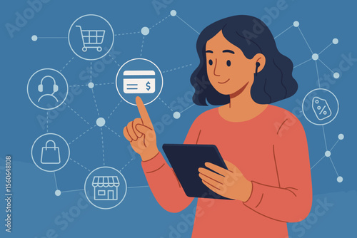 Online shopping and m-banking concept. Woman using tablet for digital payments and e-commerce. Customer network connection on virtual screen with icons for cart, sale, and store.