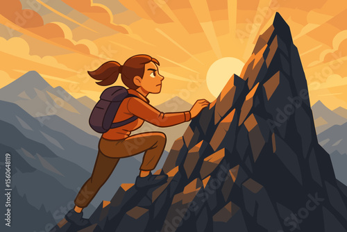 Determined woman climbing mountain at sunrise. Metaphor for challenge, success, ambition, reaching goals. Business concept for career growth, perseverance, overcoming obstacles.