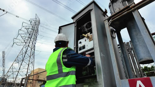 Engineer conducts substation inspection wearing safety helmet and reflective vest while checking circuit breaker outdoors in electrical facility under cloudy sky with power lines and equipment