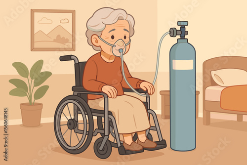 Elderly Woman in Wheelchair Receiving Oxygen Therapy with Medical Oxygen Tank in Nursing Home Room, Senior Care, Health Support, Medical Treatment Concept Vector Illustration