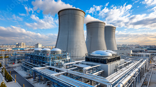 Cooling towers dominate a vast industrial landscape