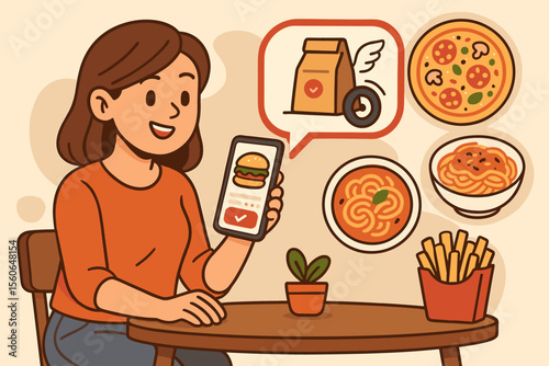 Happy woman using phone app to order food for delivery. Fast food concept with burger, pizza, pasta, and fries. Online restaurant service and e-commerce for meals. Vector cartoon.