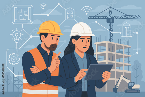 Engineer and architect team analyzing construction project on digital tablet. Smart building technology, BIM, and innovation concept with virtual interface icons and network.