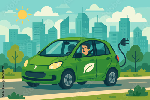 Man driving green electric car with plug on city road. Sustainable transportation & renewable energy concept. Eco friendly vehicle in an urban cityscape. Vector cartoon illustration.
