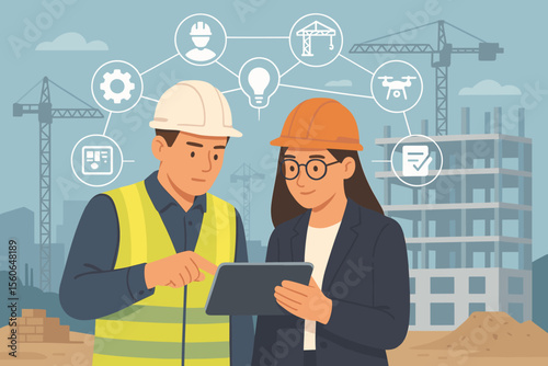Engineer and architect collaboration on construction site using tablet. Smart building technology, BIM concept with project management icons network. Vector illustration for ConTech.