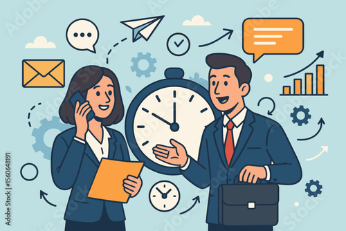 Effective time management, planning and business communication concept. Colleagues organizing workflow for productivity. Deadline management and teamwork strategy cartoon vector illustration.