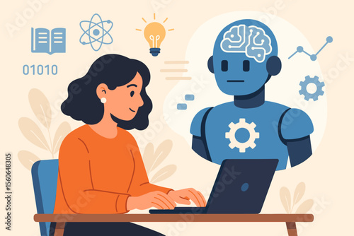 Artificial intelligence learning concept. Woman developer programming AI on a laptop. Machine learning, data science, robot with digital brain, automation, and innovation flat vector illustration.